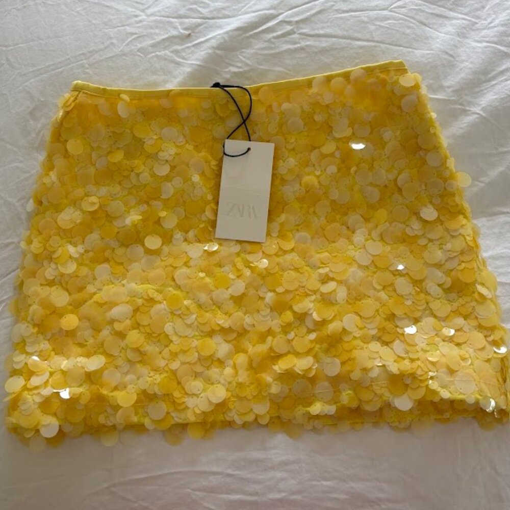 Zara Sequin Yellow Mini Skirt Size S